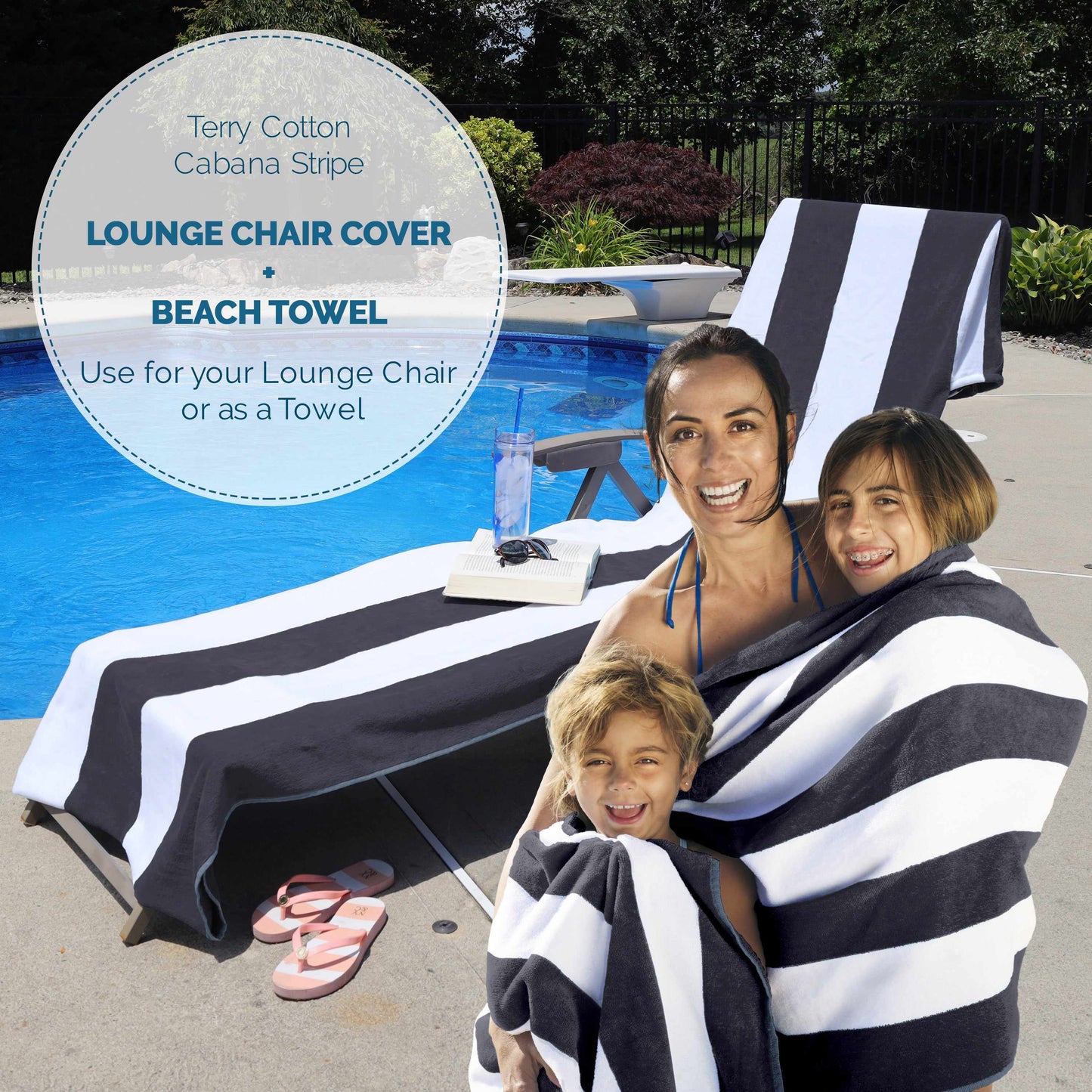 Superior Cotton Standard Size Cabana Stripe Chaise Lounge Chair Cover - Charcoal