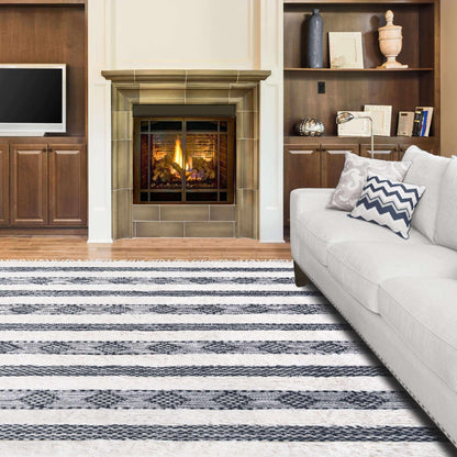  Superior Farmhouse Wool Geometric Stripe Fringe Indoor Area or Runner Rug - Black