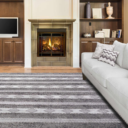  Superior Farmhouse Wool Geometric Stripe Fringe Indoor Area or Runner Rug - Grey-Silver