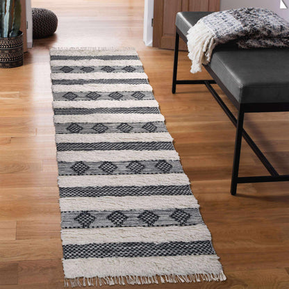  Superior Farmhouse Wool Geometric Stripe Fringe Indoor Area or Runner Rug - Black