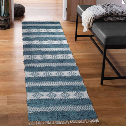  Superior Farmhouse Wool Geometric Stripe Fringe Indoor Area or Runner Rug - Blue