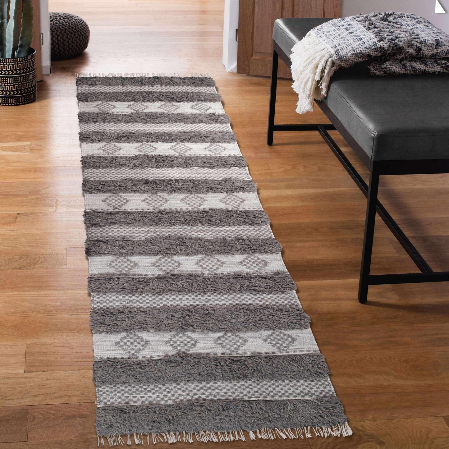  Superior Farmhouse Wool Geometric Stripe Fringe Indoor Area or Runner Rug - Grey-Silver
