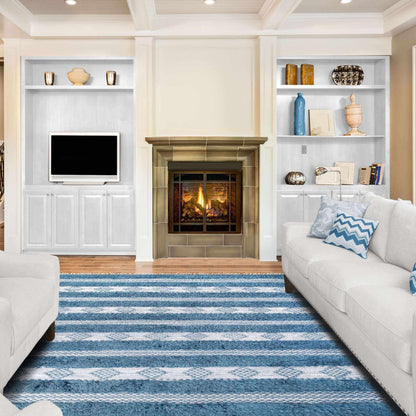  Superior Farmhouse Wool Geometric Stripe Fringe Indoor Area or Runner Rug - Blue