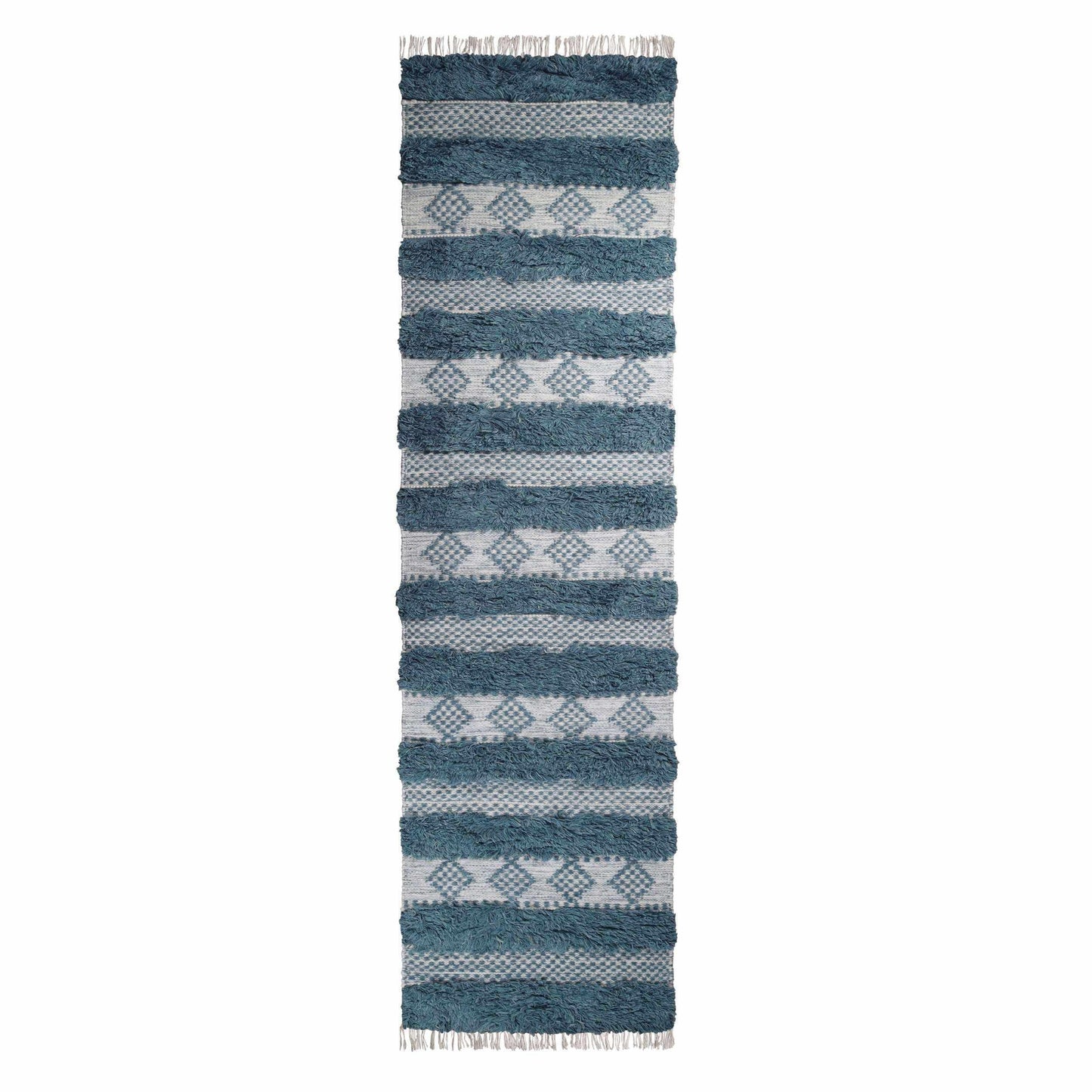 Superior Farmhouse Wool Geometric Stripe Fringe Indoor Area or Runner Rug - Blue