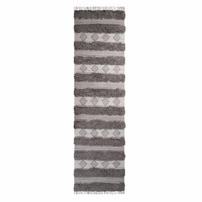 Superior Farmhouse Wool Geometric Stripe Fringe Indoor Area or Runner Rug - Grey-Silver