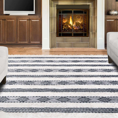  Superior Farmhouse Wool Geometric Stripe Fringe Indoor Area or Runner Rug - Black
