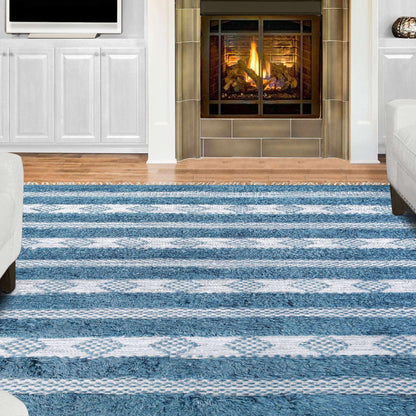  Superior Farmhouse Wool Geometric Stripe Fringe Indoor Area or Runner Rug - Blue