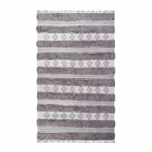 Superior Farmhouse Wool Geometric Stripe Fringe Indoor Area or Runner Rug - Grey-Silver