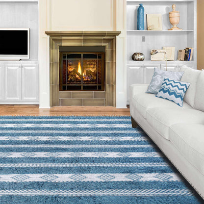  Superior Farmhouse Wool Geometric Stripe Fringe Indoor Area or Runner Rug - Blue