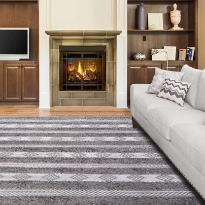  Superior Farmhouse Wool Geometric Stripe Fringe Indoor Area or Runner Rug - Grey-Silver