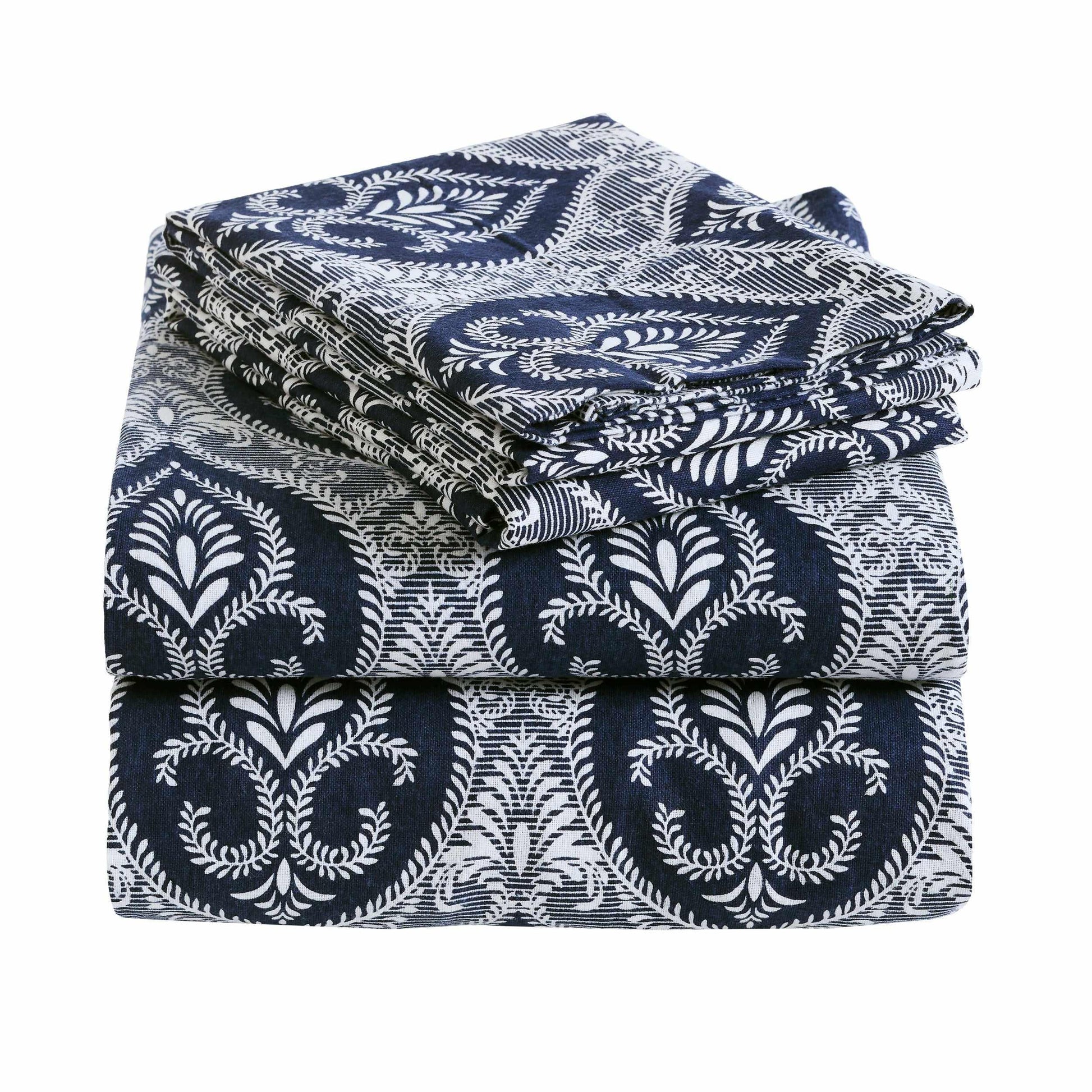 Superior Fleur-de-Lis Deep Pocket Cotton Flannel Sheet Set - Navy Blue
