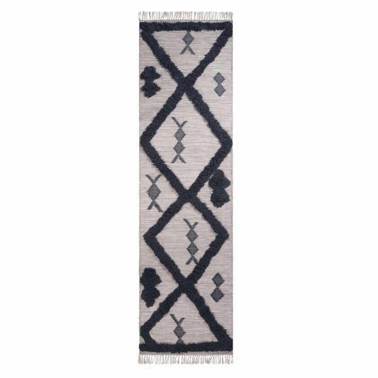 Southwestern Wool Abstract Line Geometric Fringe Area or Runner Rug