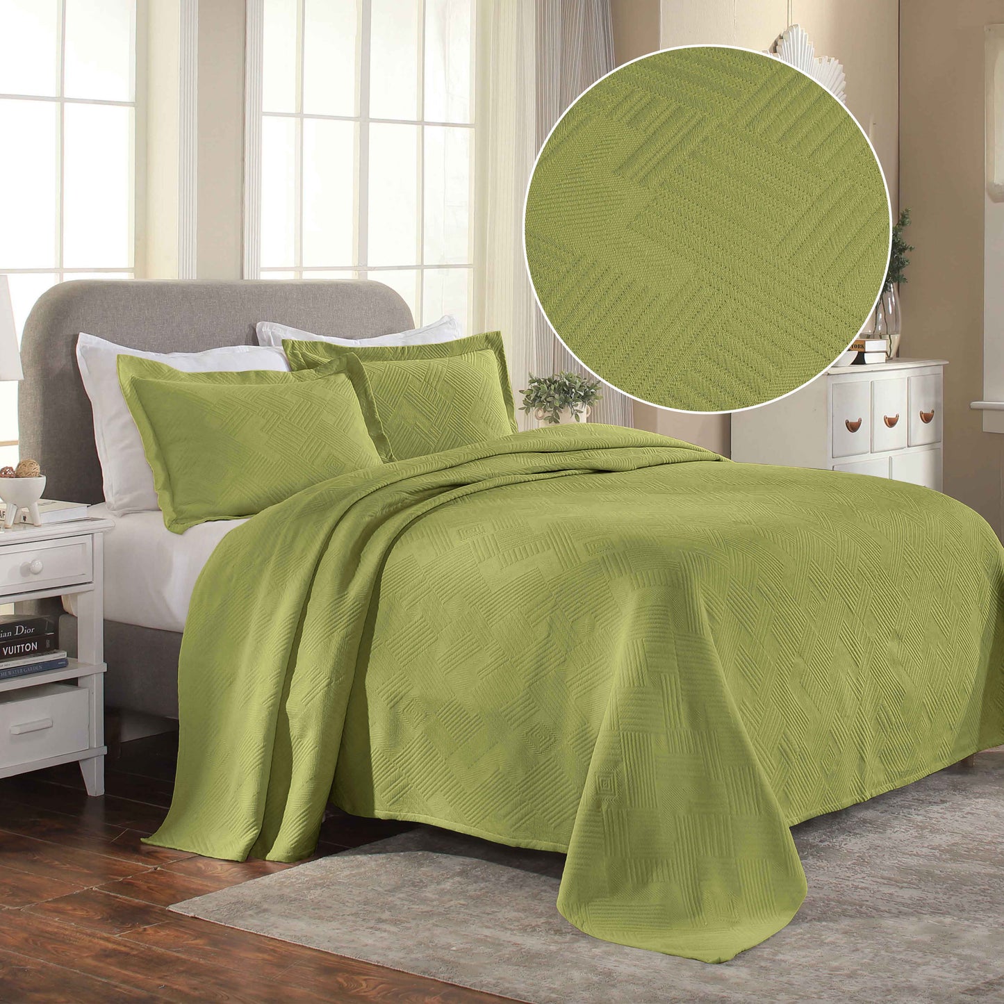 Cotton Jacquard Matelassé Scalloped Geometric Fret Bedspread Set - Sweetpeal