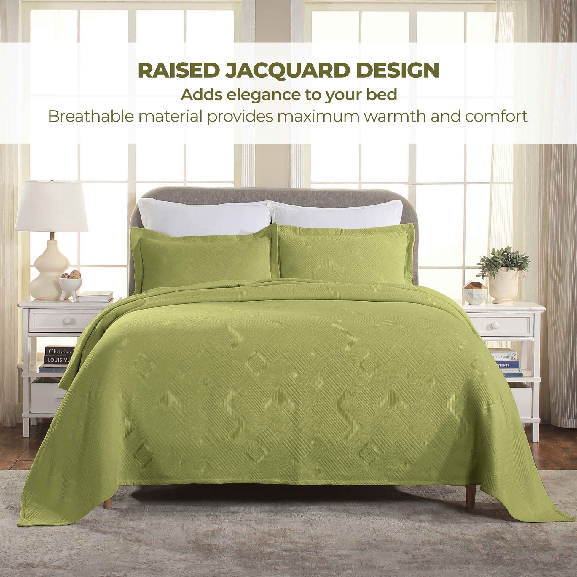 Cotton Jacquard Matelassé Scalloped Geometric Fret Bedspread Set - Sweetpeal