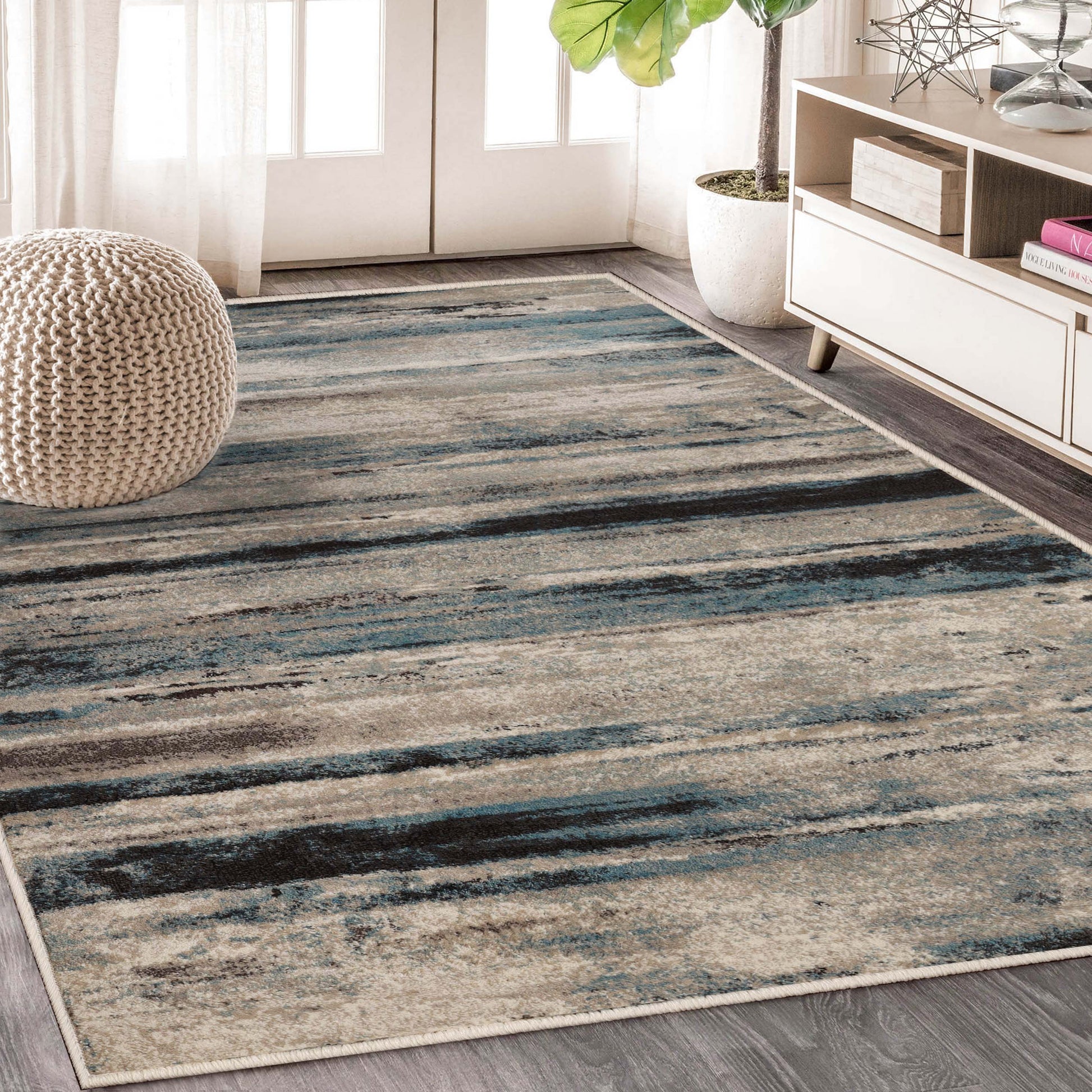 Superior Taia Striped Damask Indoor Area Rug or Runner - Blue-Cream