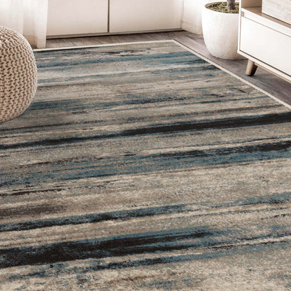 Superior Taia Striped Damask Indoor Area Rug or Runner  - Blue -Cream