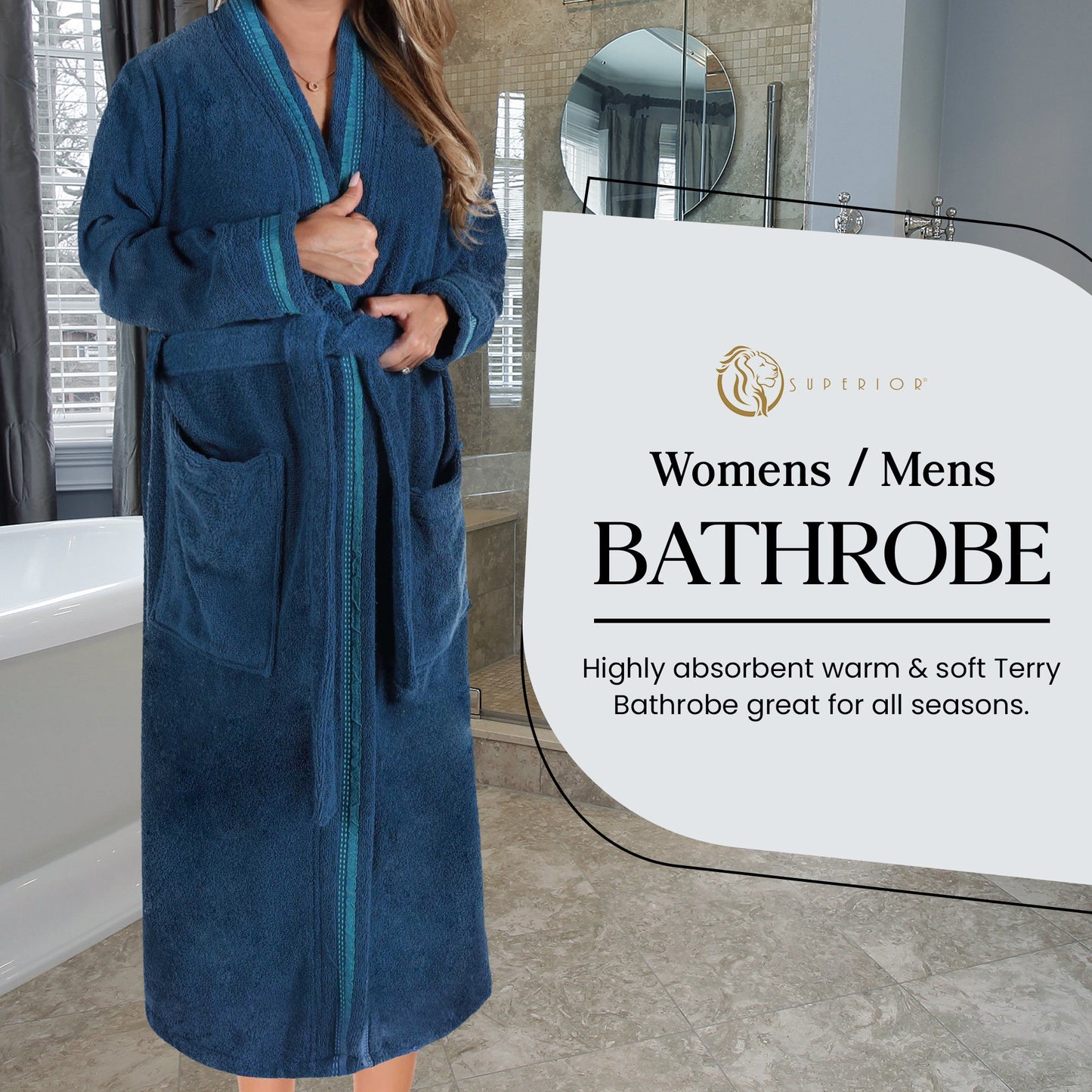 Turkish Cotton Terry Kimono Embroidered Super-Soft Unisex Bathrobe - Blue-Aqua