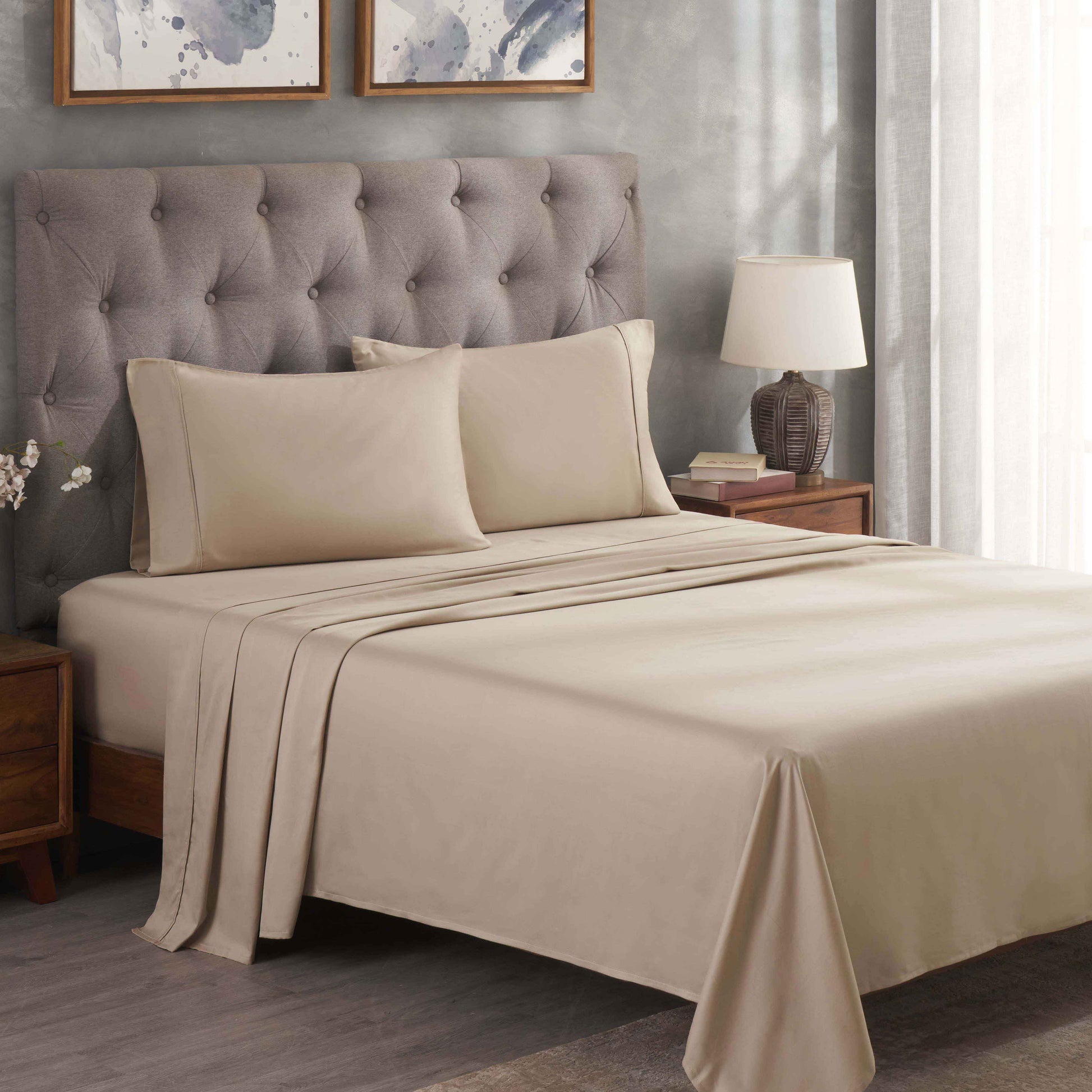 Egyptian Cotton 300 Thread Count Solid Deep Pocket Sheet Set - Tan
