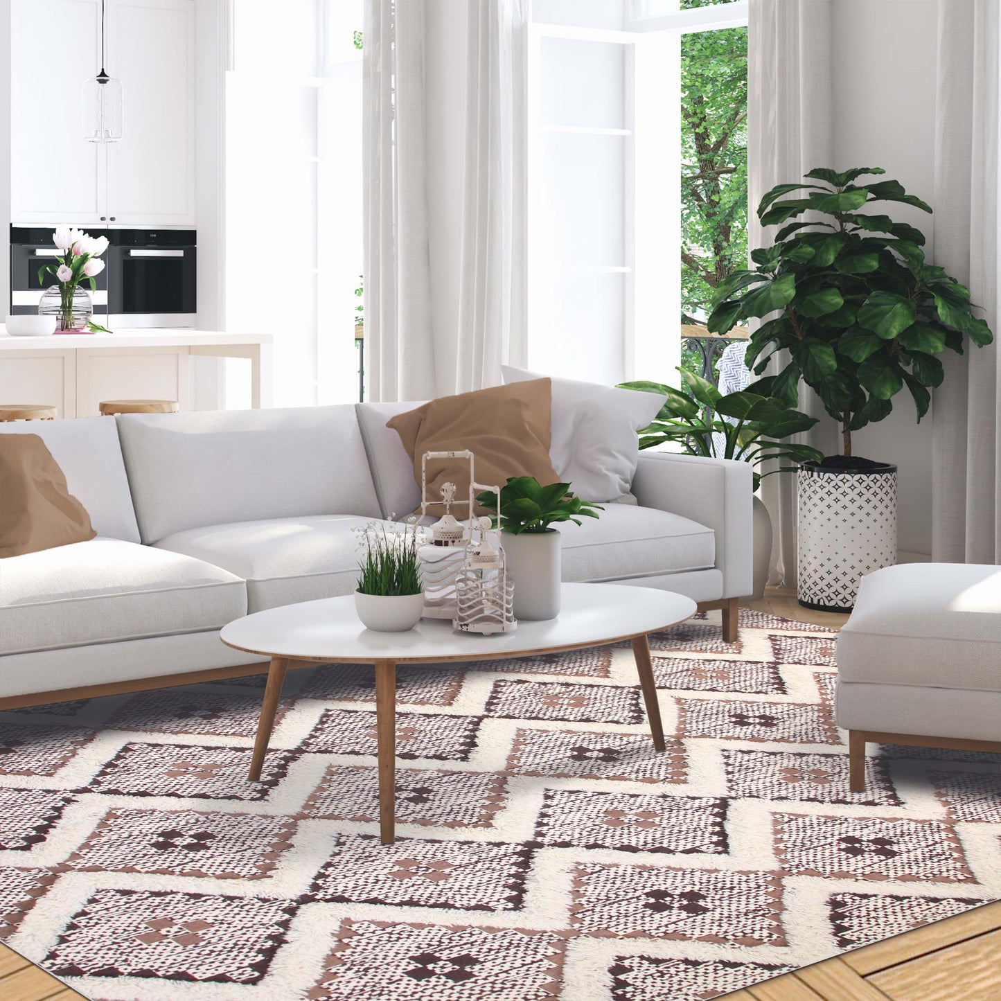Geometric Wool Cotton Blend Latex Backing Indoor Area Rug - Tan/Chocolate