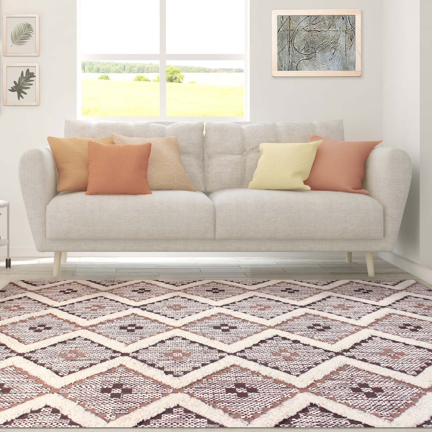 Geometric Wool Cotton Blend Latex Backing Indoor Area Rug - Tan/Chocolate
