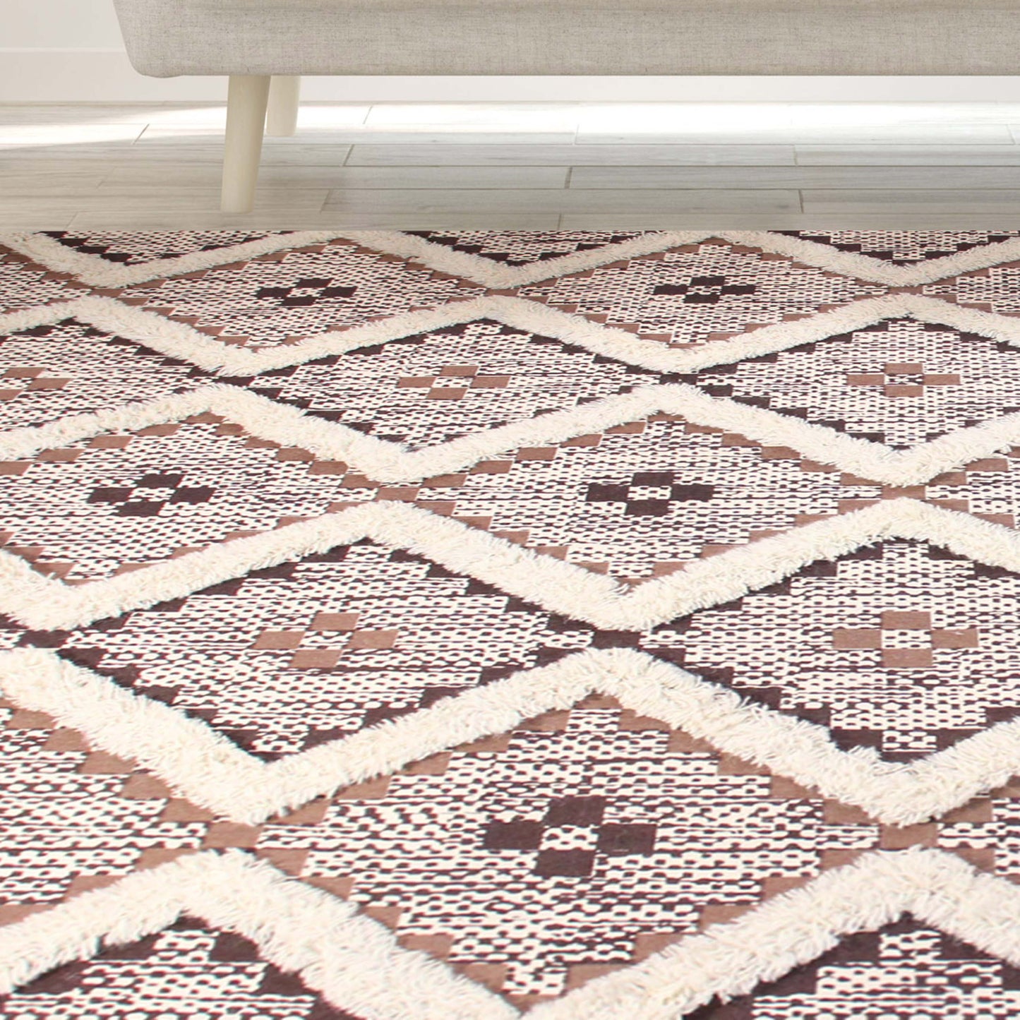 Geometric Wool Cotton Blend Latex Backing Indoor Area Rug - Tan/Chocolate