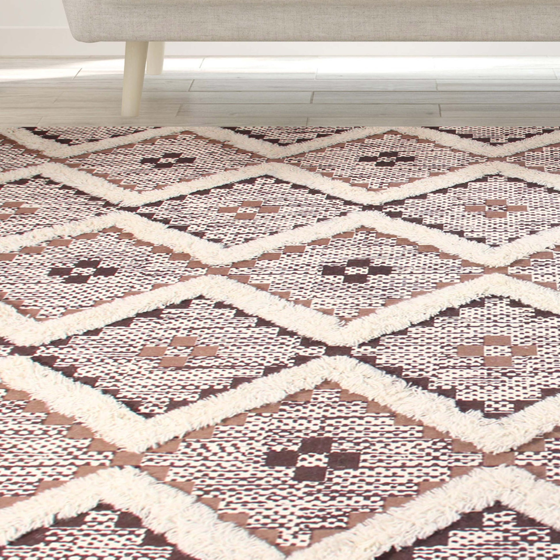 Geometric Wool Cotton Blend Latex Backing Indoor Area Rug - Tan/Chocolate