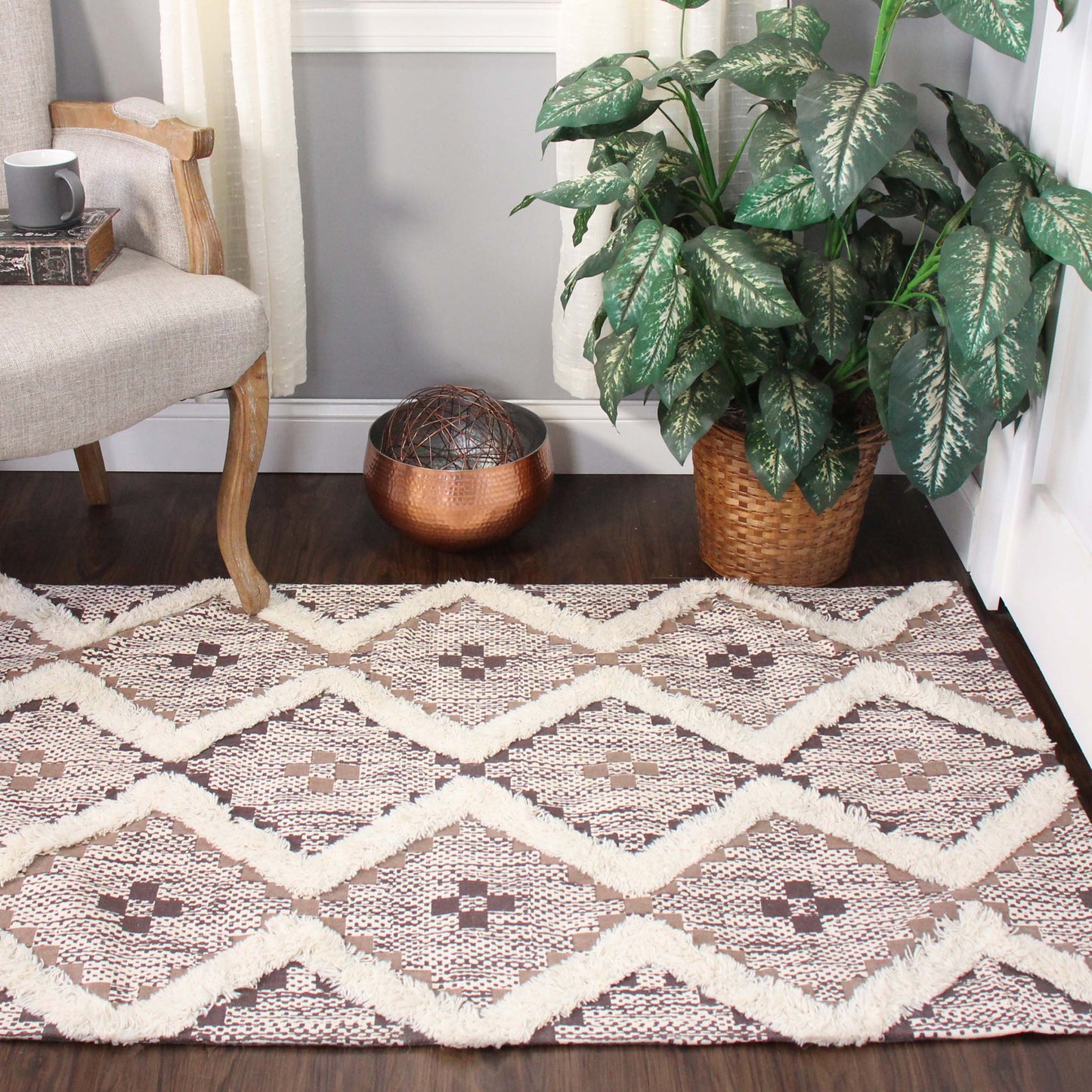 Geometric Wool Cotton Blend Latex Backing Indoor Area Rug - Tan/Chocolate