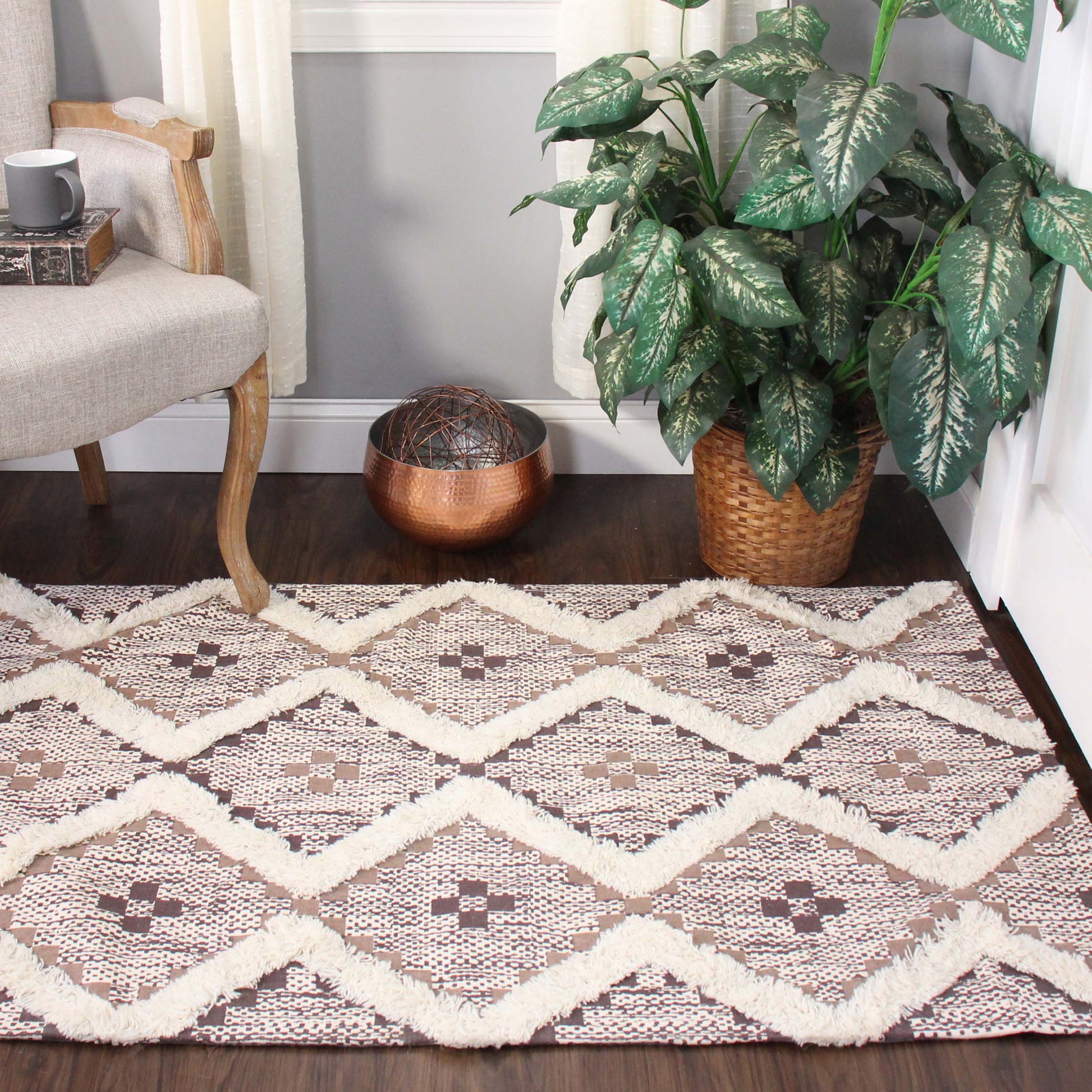 Geometric Wool Cotton Blend Latex Backing Indoor Area Rug - Tan/Chocolate