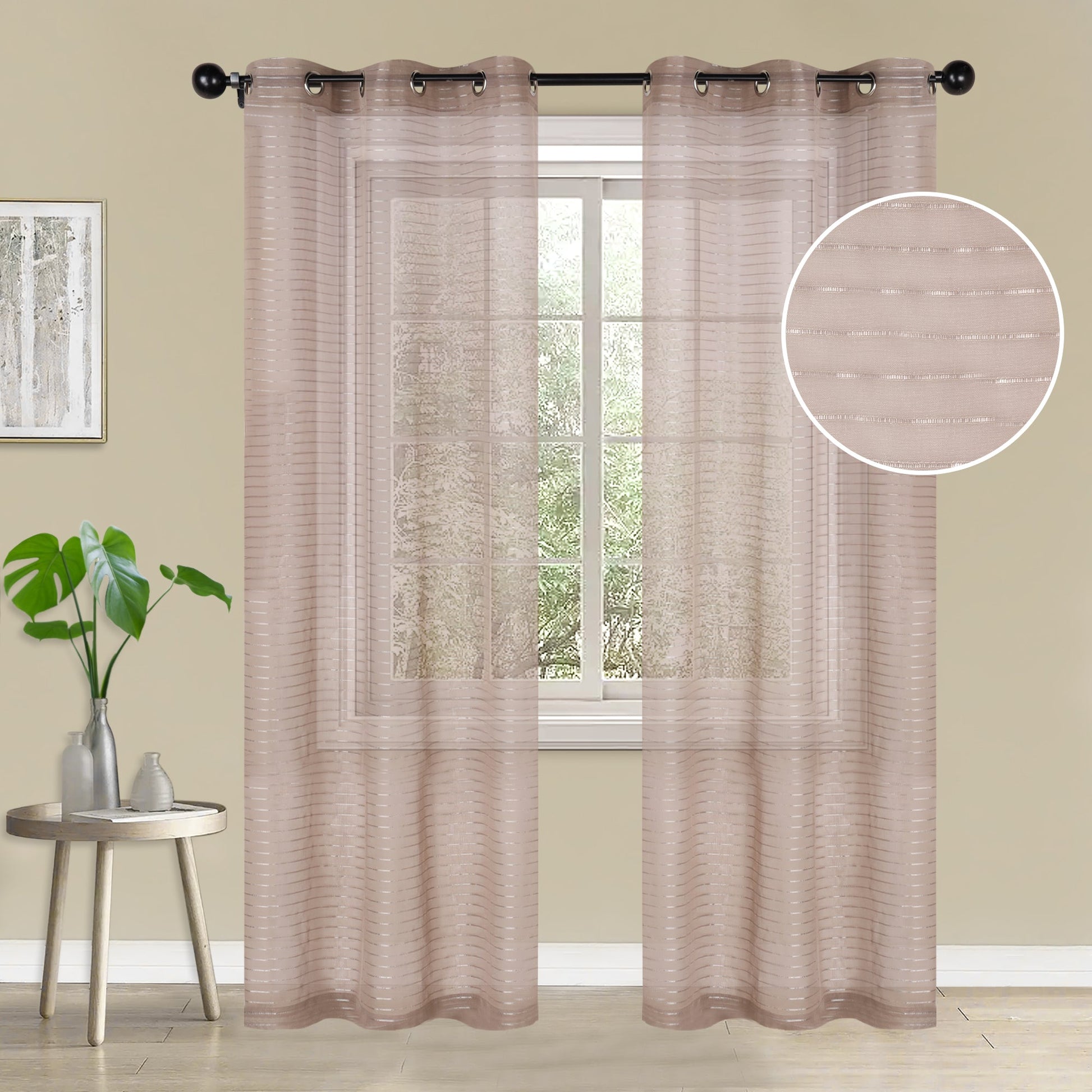 Jackson Striped Sheer Window Curtain Panels - Taupe