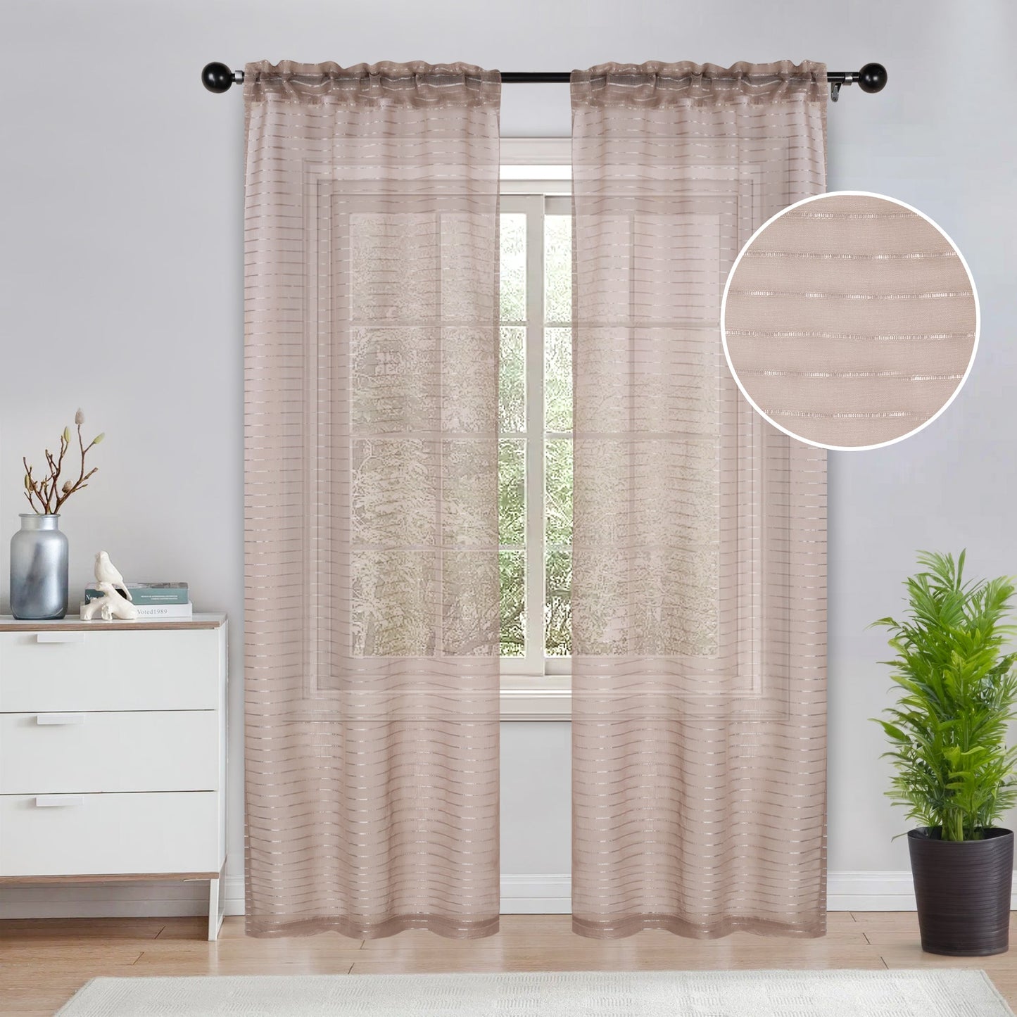 Jackson Striped Sheer Window Curtain Panels - Taupe