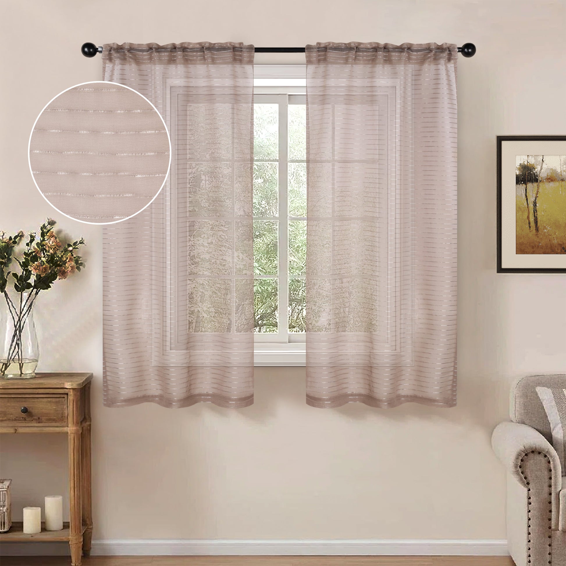 Jackson Striped Sheer Window Curtain Panels - Taupe