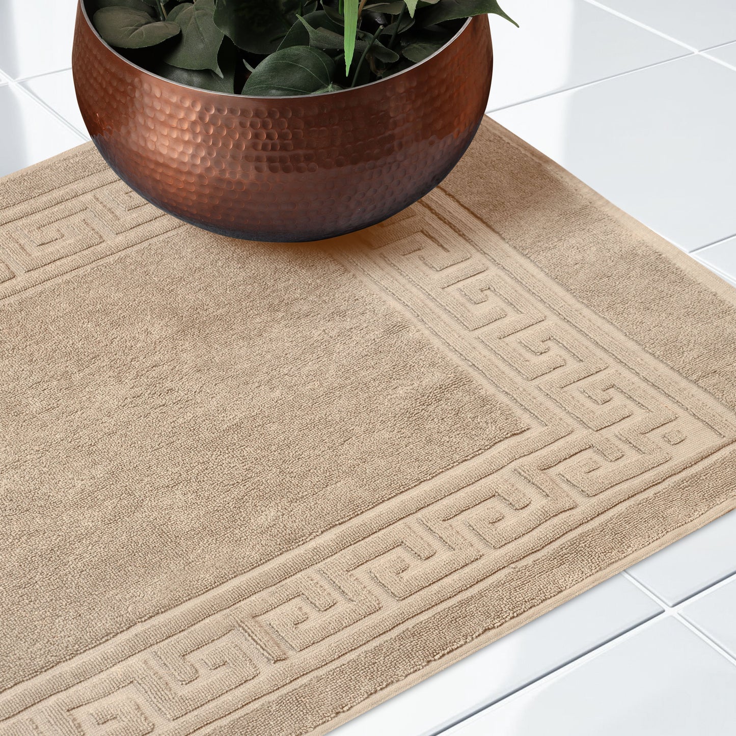 100% Cotton Highly-Absorbent Greek Key Border Solid 2-Piece Bath Mat Set - Taupe