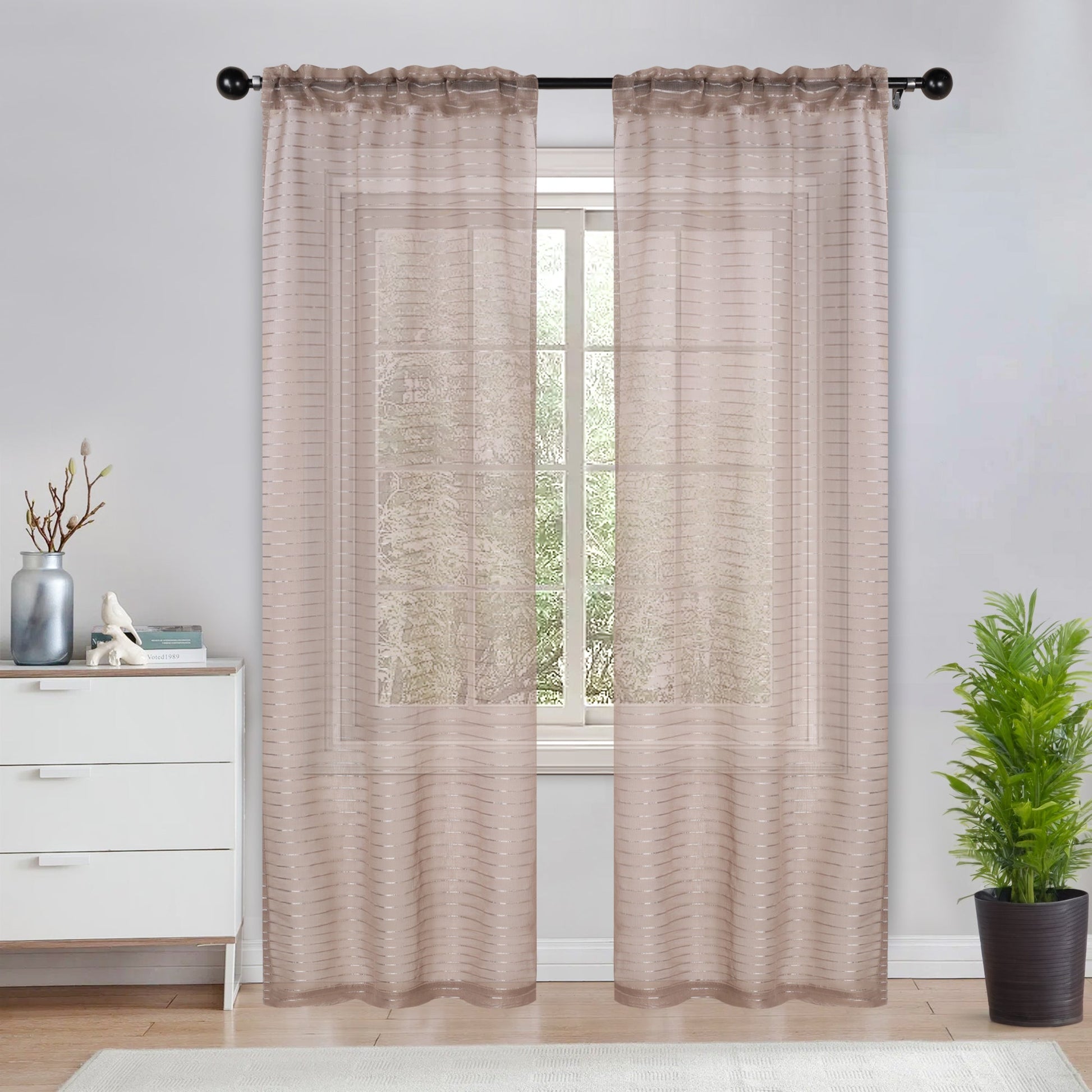 Jackson Striped Sheer Window Curtain Panels - Taupe