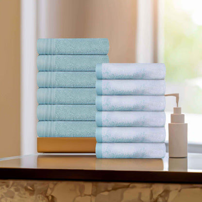 Cotton Marble and Solid Medium Weight Face Towel/ Washcloth Set of 12 - Teal