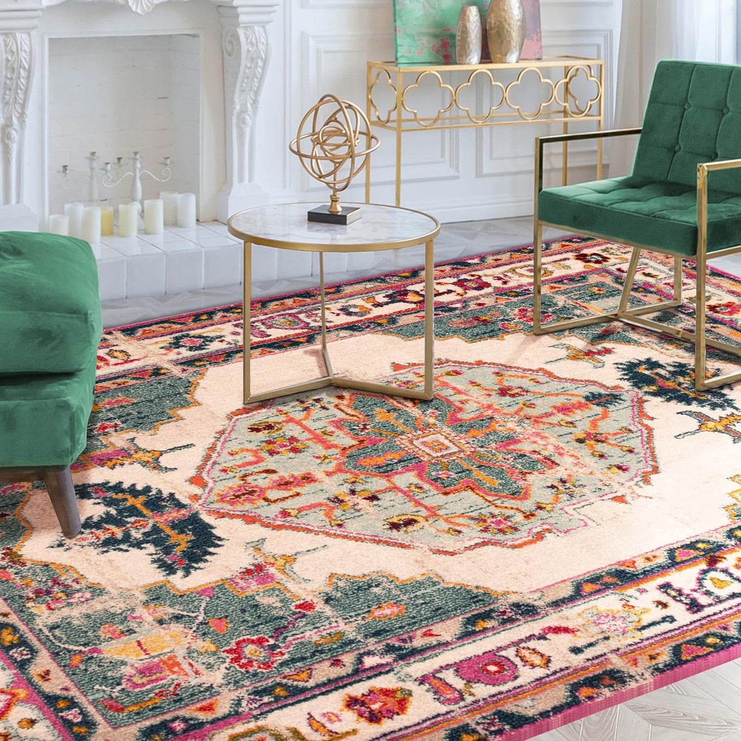 Deliana Oriental Distressed Geometric Medallion Indoor Area Rug - Teal