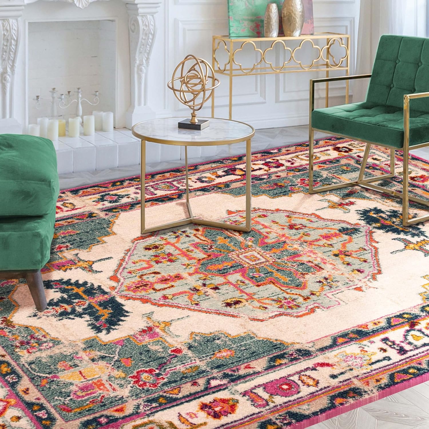 Deliana Oriental Distressed Geometric Medallion Indoor Area Rug - Teal