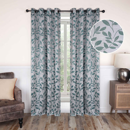 Leaves Machine Washable Room Darkening Blackout Curtains, Set of 2 - Teal