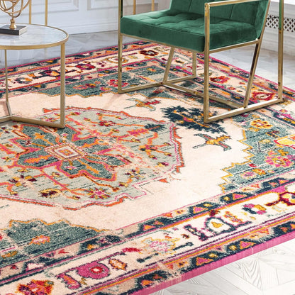 Deliana Oriental Distressed Geometric Medallion Indoor Area Rug - Teal