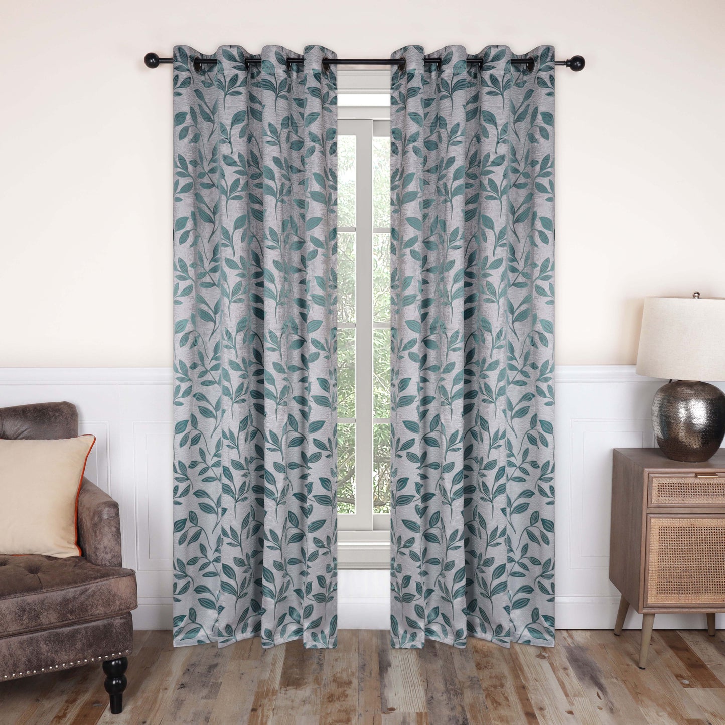 Leaves Machine Washable Room Darkening Blackout Curtains, Set of 2 - Teal