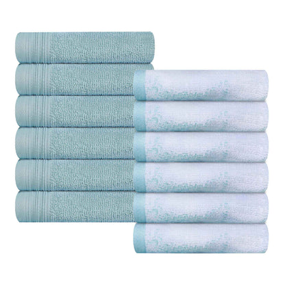 Cotton Marble and Solid Medium Weight Face Towel/ Washcloth Set of 12 - Teal