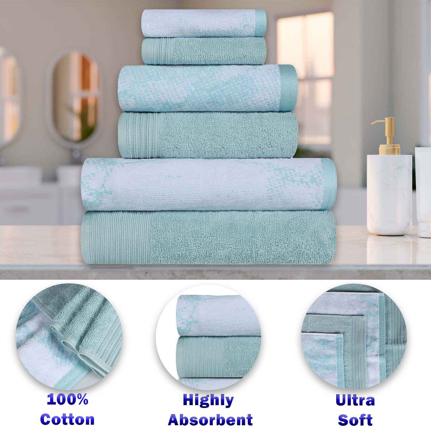 Cotton Marble and Solid Medium Weight Hand Towel Set of 6 - Teal