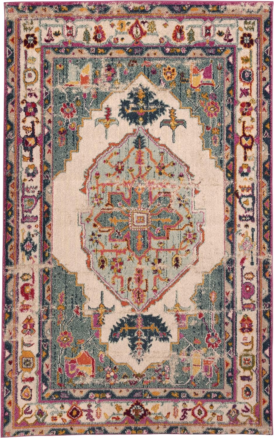 Deliana Oriental Distressed Geometric Medallion Indoor Area Rug - Teal