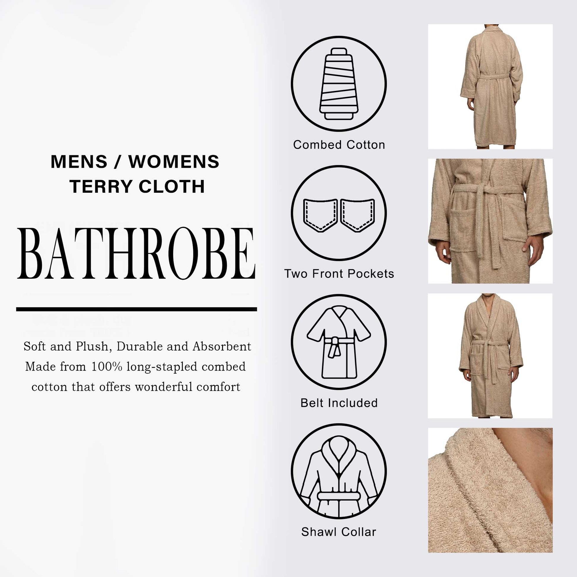 Cotton Ultra-Soft Terry Adult Unisex Lightweight Luxury Bathrobe - Taupe