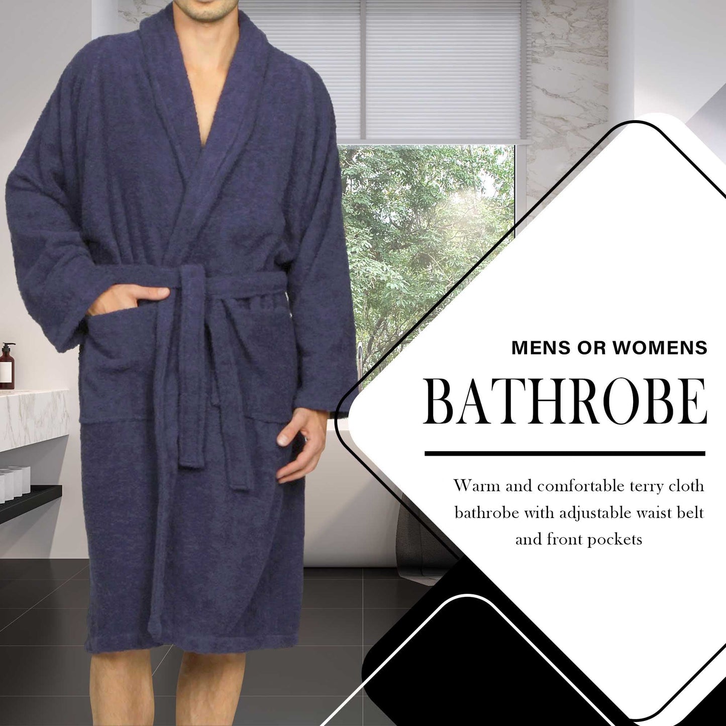 Cotton Ultra-Soft Terry Adult Unisex Lightweight Luxury Bathrobe - Navy Blue