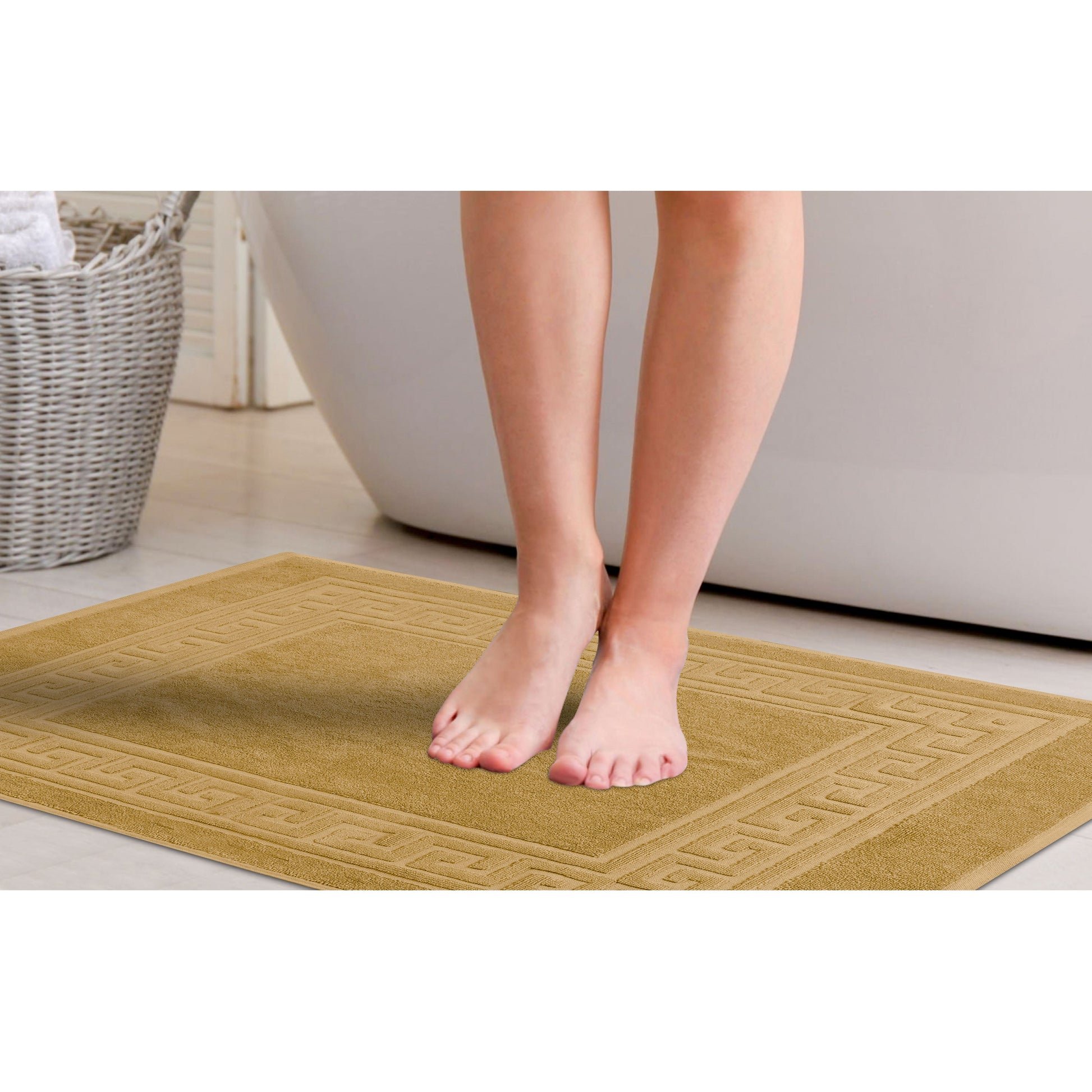 100% Cotton Highly-Absorbent Greek Key Border Solid 2-Piece Bath Mat Set - Toast