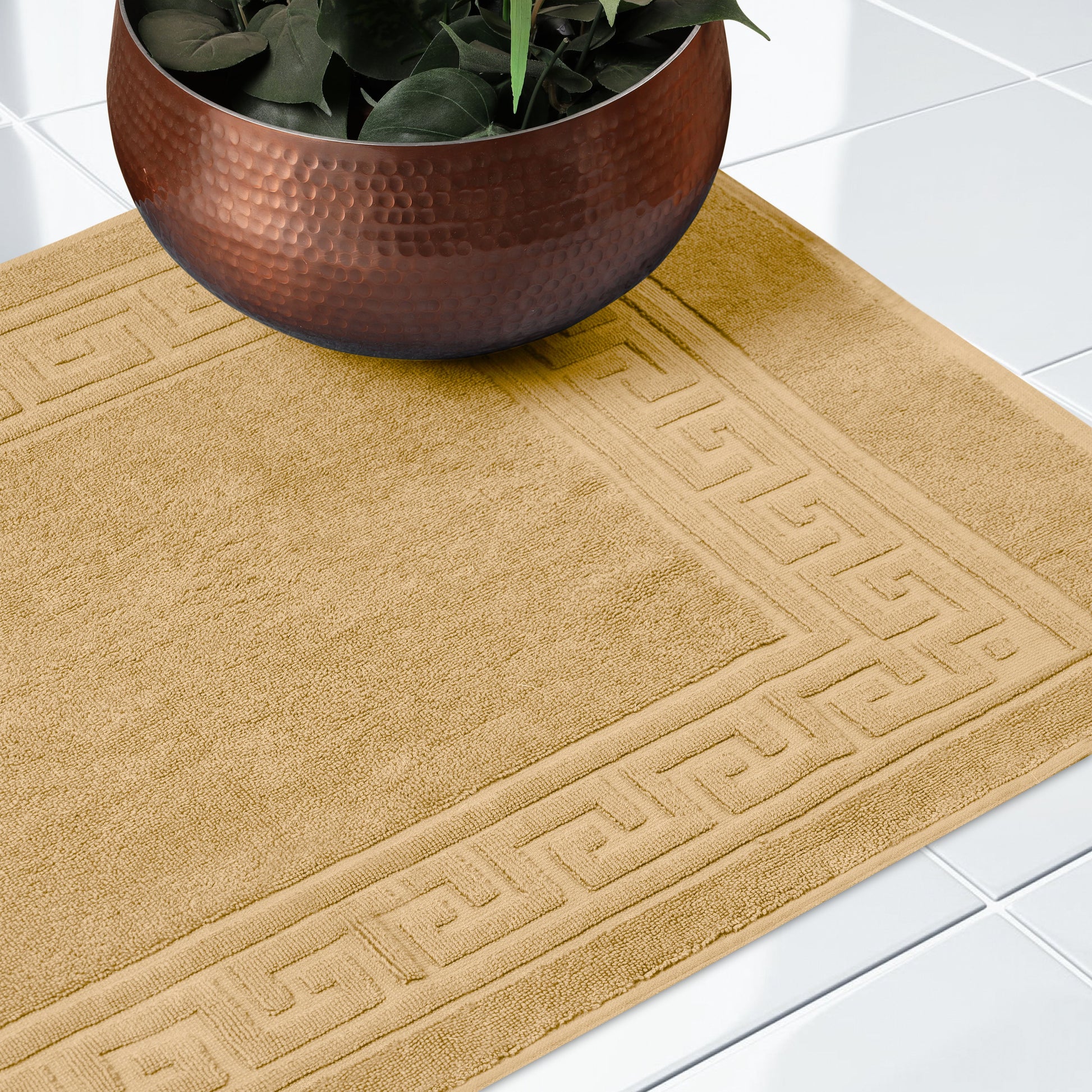 100% Cotton Highly-Absorbent Greek Key Border Solid 2-Piece Bath Mat Set - Toast