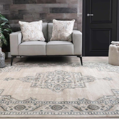 Superior Traditional Geometric Floral Medallion Design Indoor Home Area Rug  -Beige