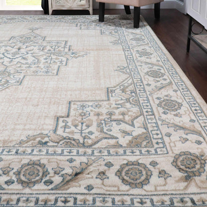 Superior Traditional Geometric Floral Medallion Design Indoor Home Area Rug -Beige