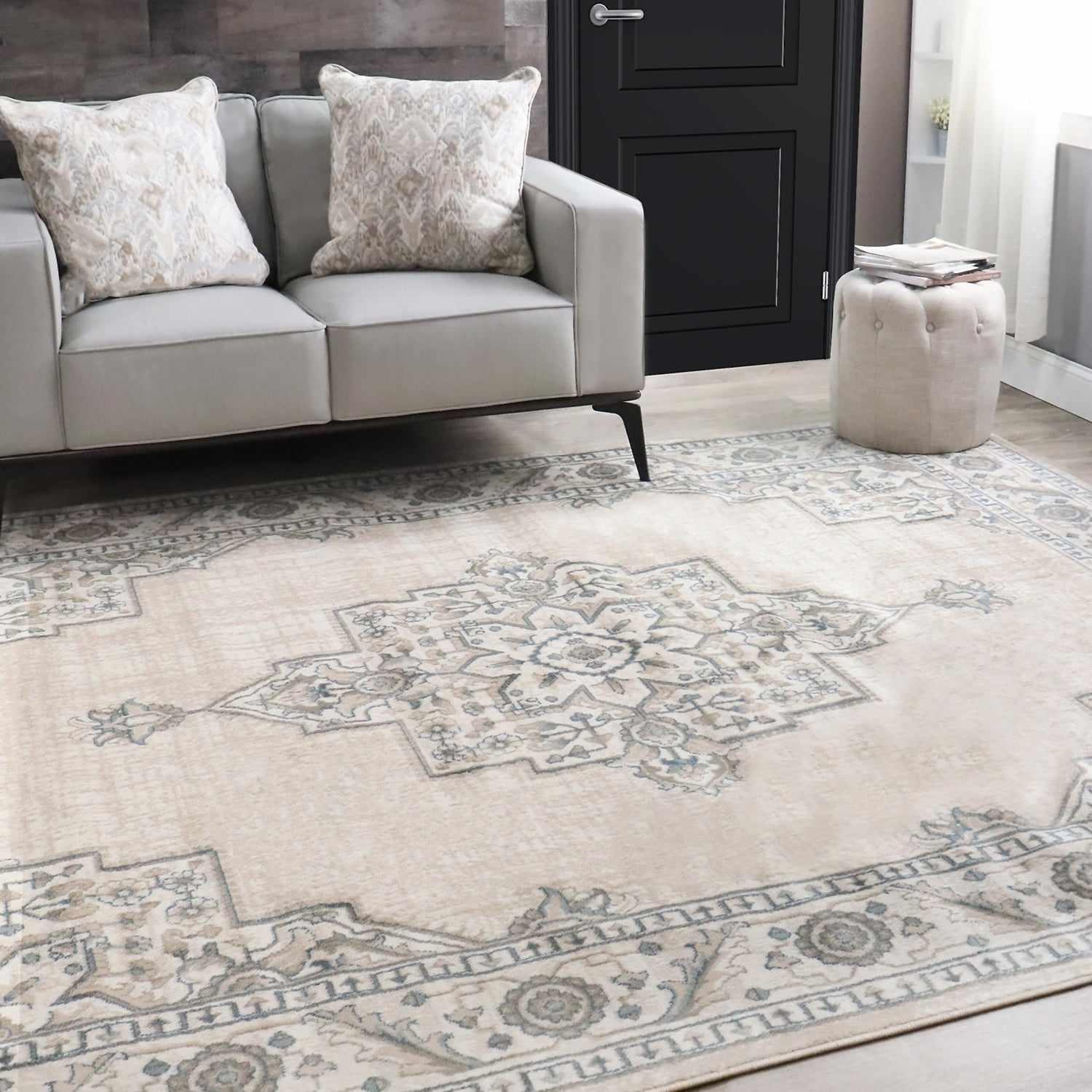 Superior Traditional Geometric Floral Medallion Design Indoor Home Area Rug - Beige