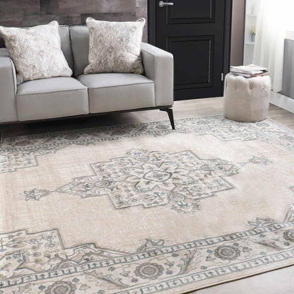 Superior Traditional Geometric Floral Medallion Design Indoor Home Area Rug - Beige